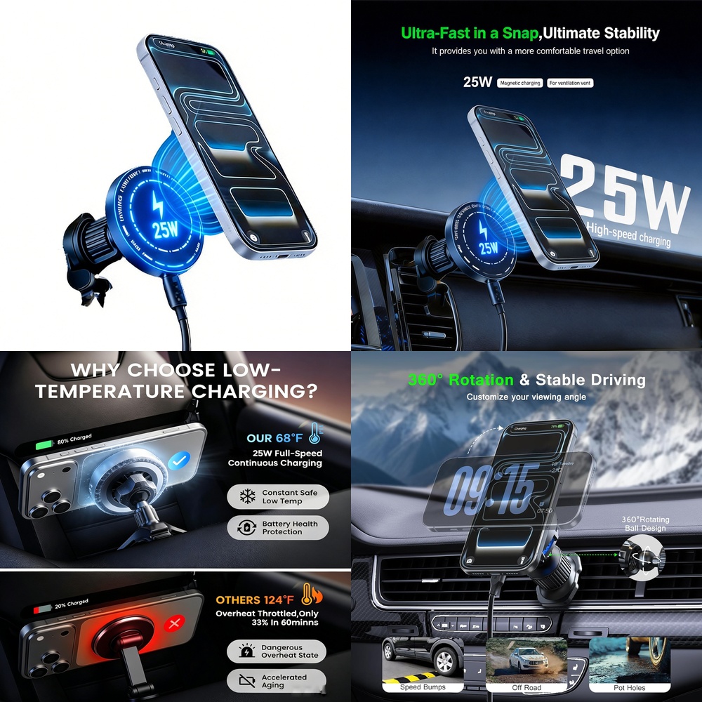 강력한 25W 자석 무선 차량용 충전기 아이폰 17 1 - Magnetic Phone Holder For Car Vent 리뷰 및 가격